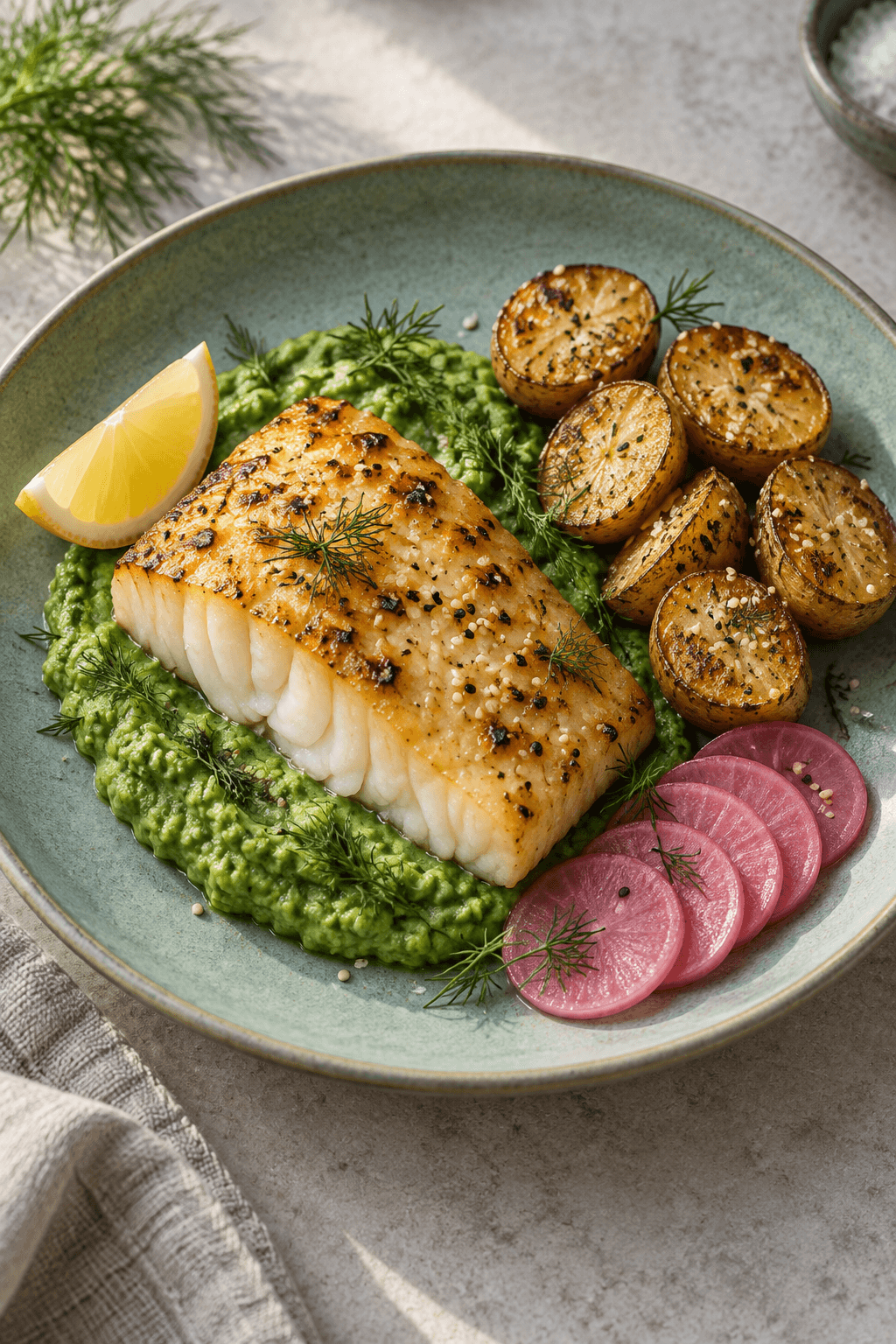 Misobagt hellefisk med edamame-spinatcreme, sesamkartofler og syltede radiser