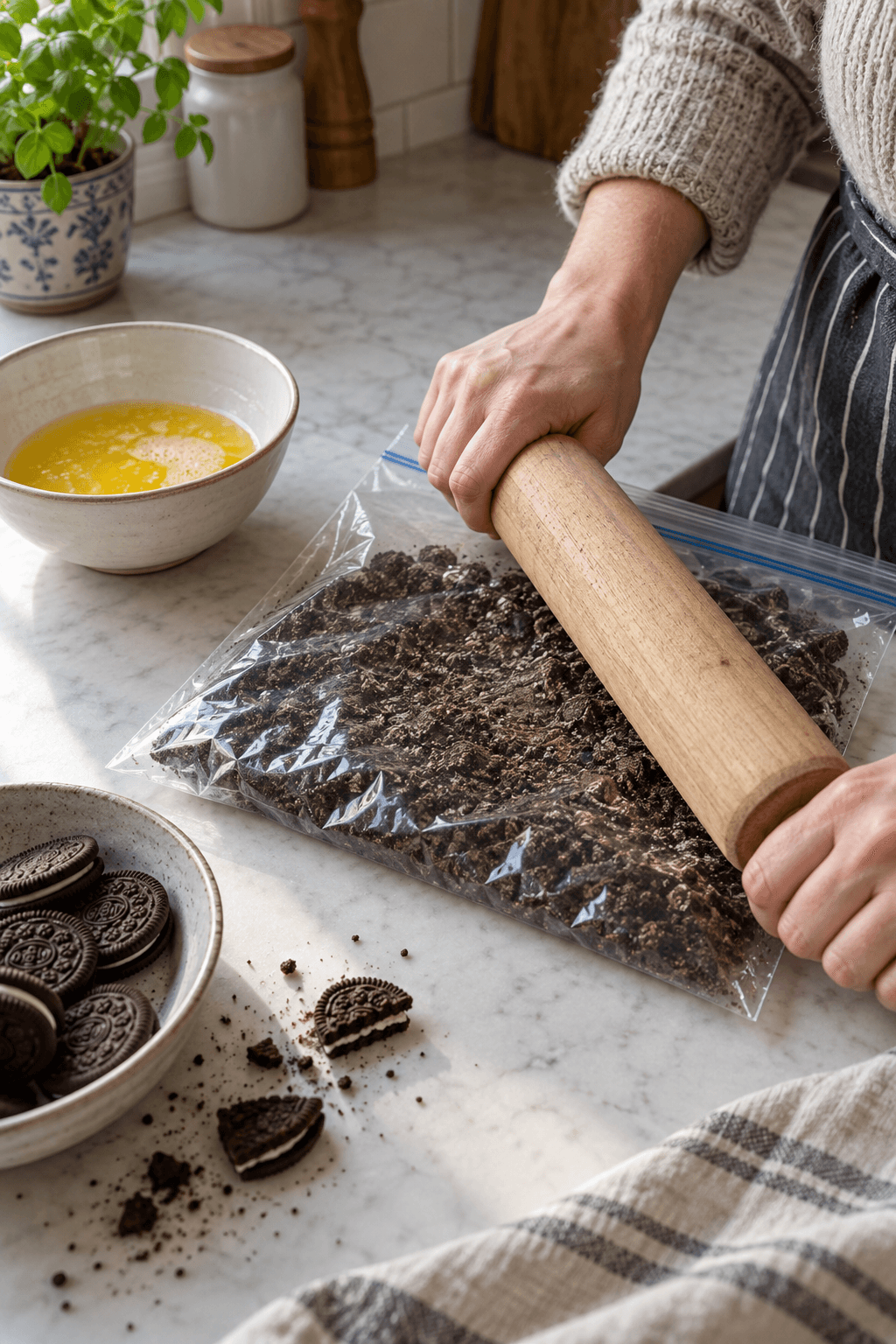 Chokoladekiks knuses med kagerulle ved siden af smeltet smør