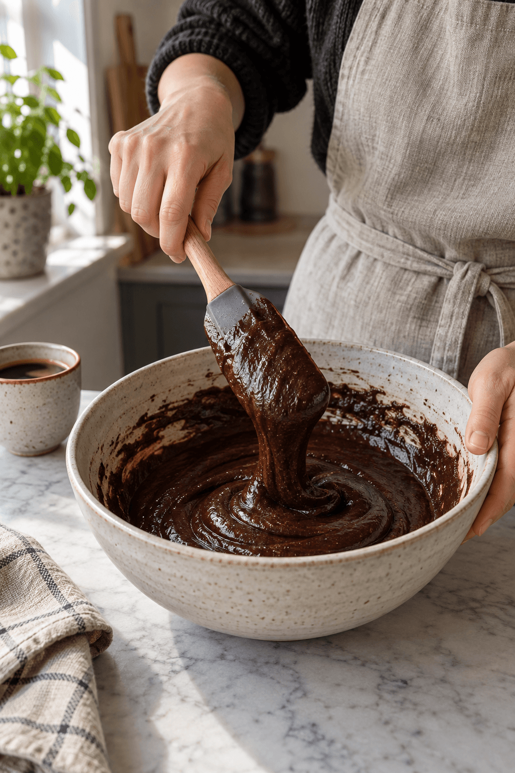 Tykt chokoladefyld med espresso foldes sammen i en skål