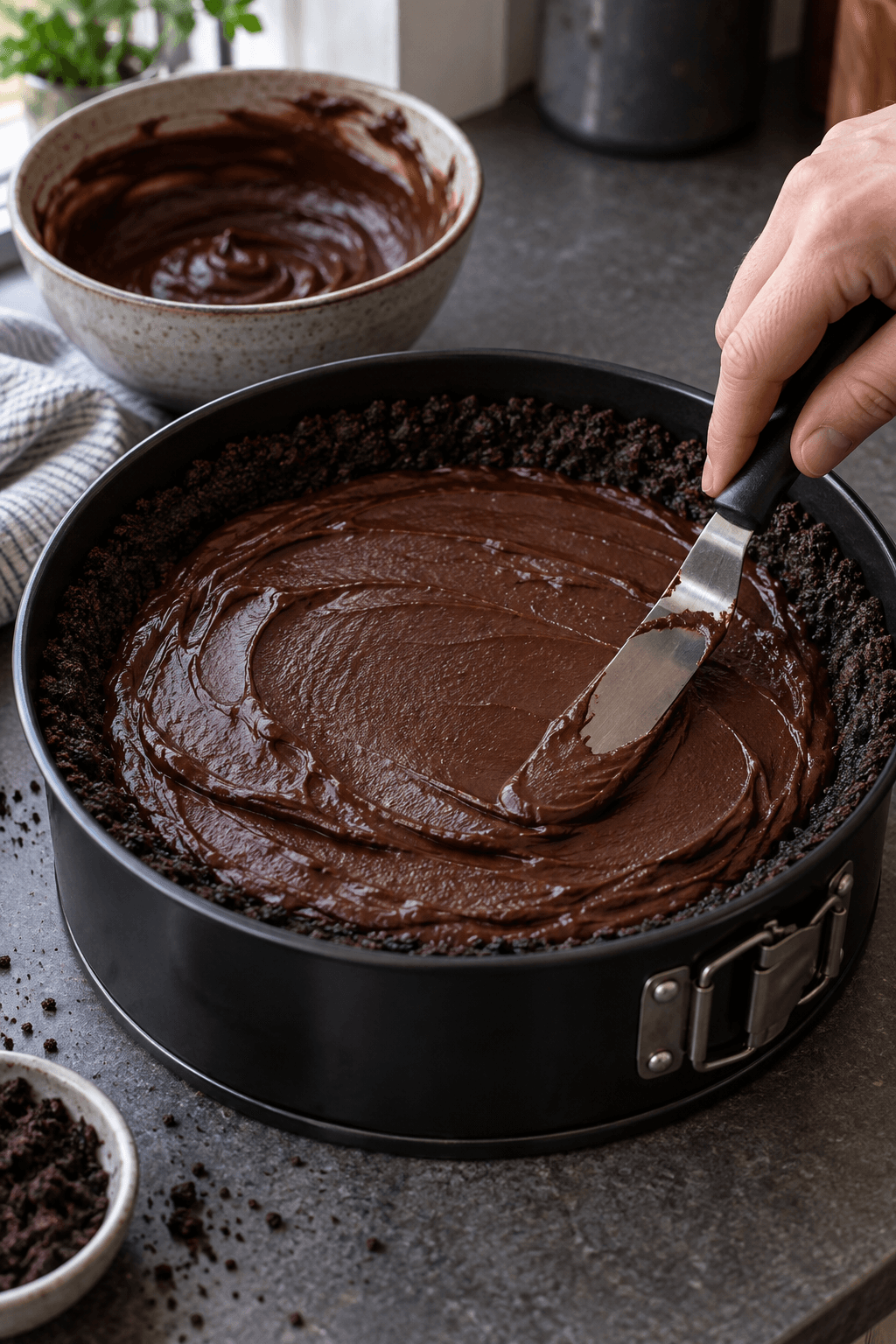 Blank mørk chokoladecreme smøres over en kold mudpie med mørk kiksebund