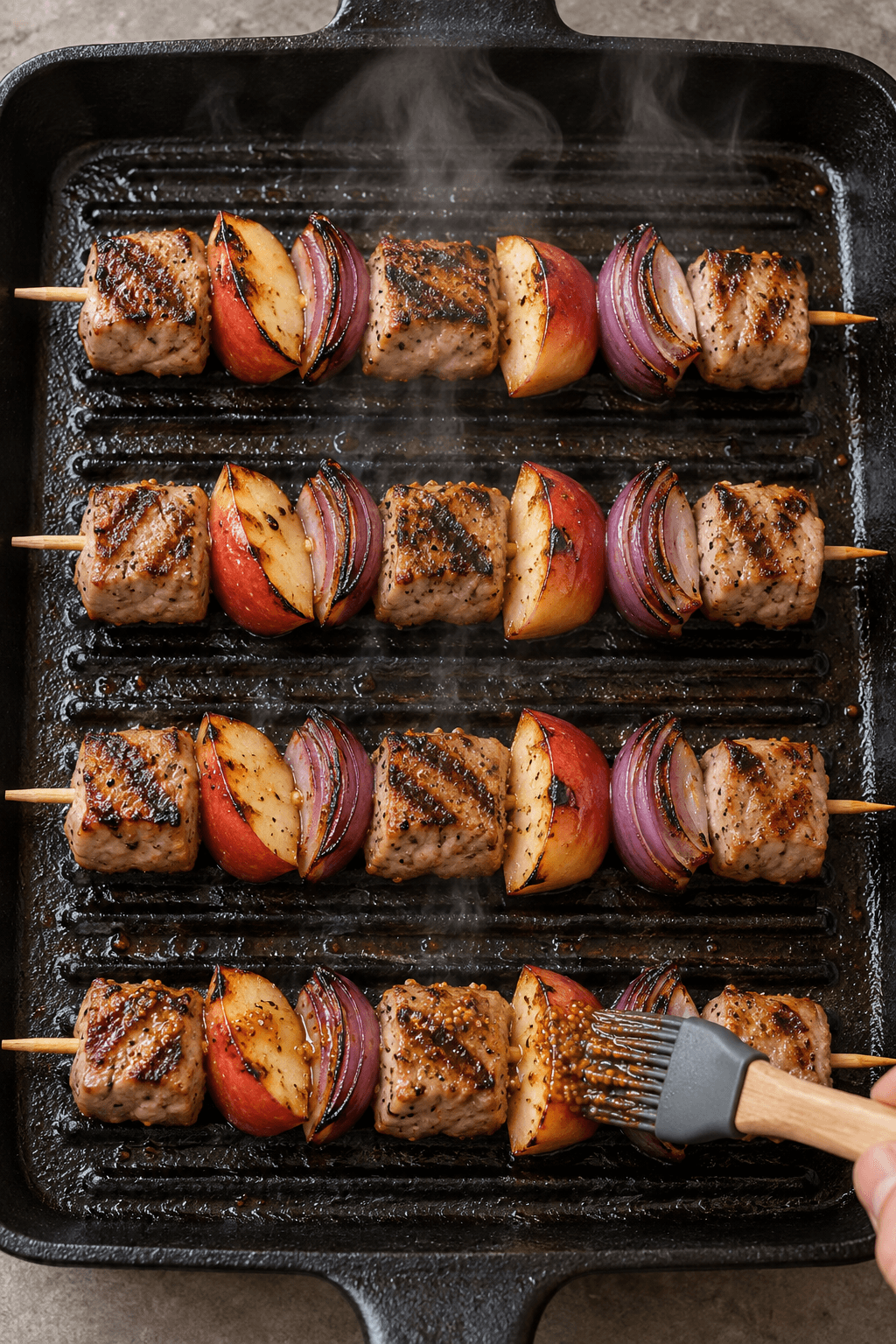 Fire mørbradsspyd med æble og rødløg pensles med cider-sennepsglasur på grillpande