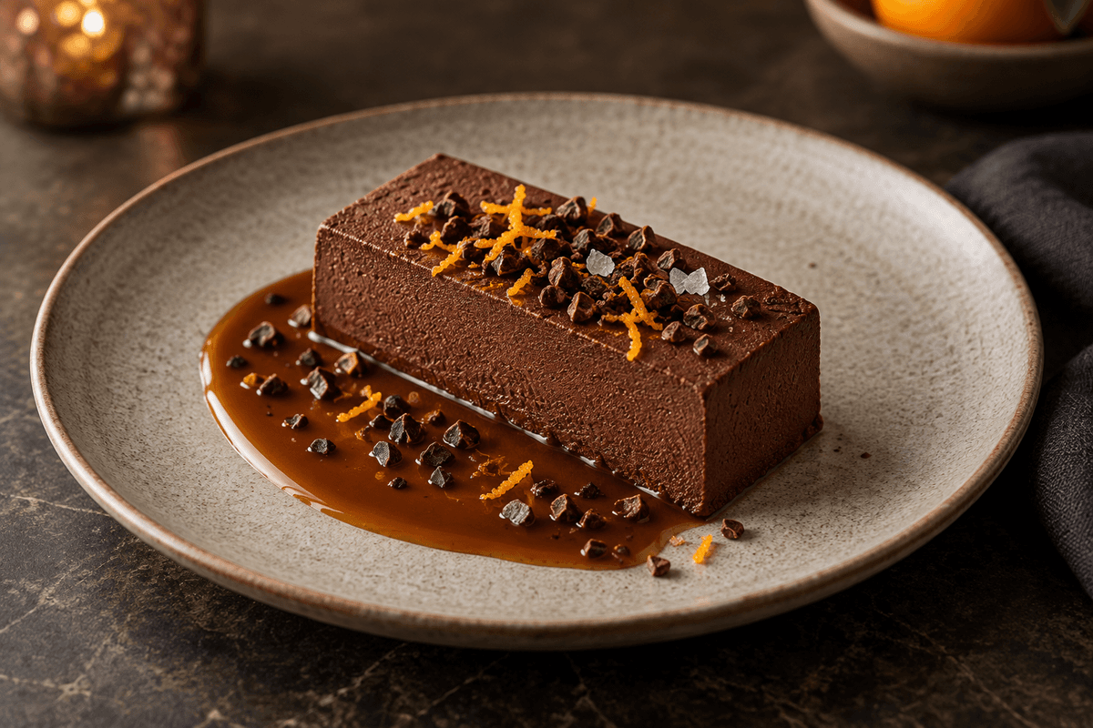 Mørk chokoladeparfait med varm muscovado-misokaramel, appelsin og kakaonibs