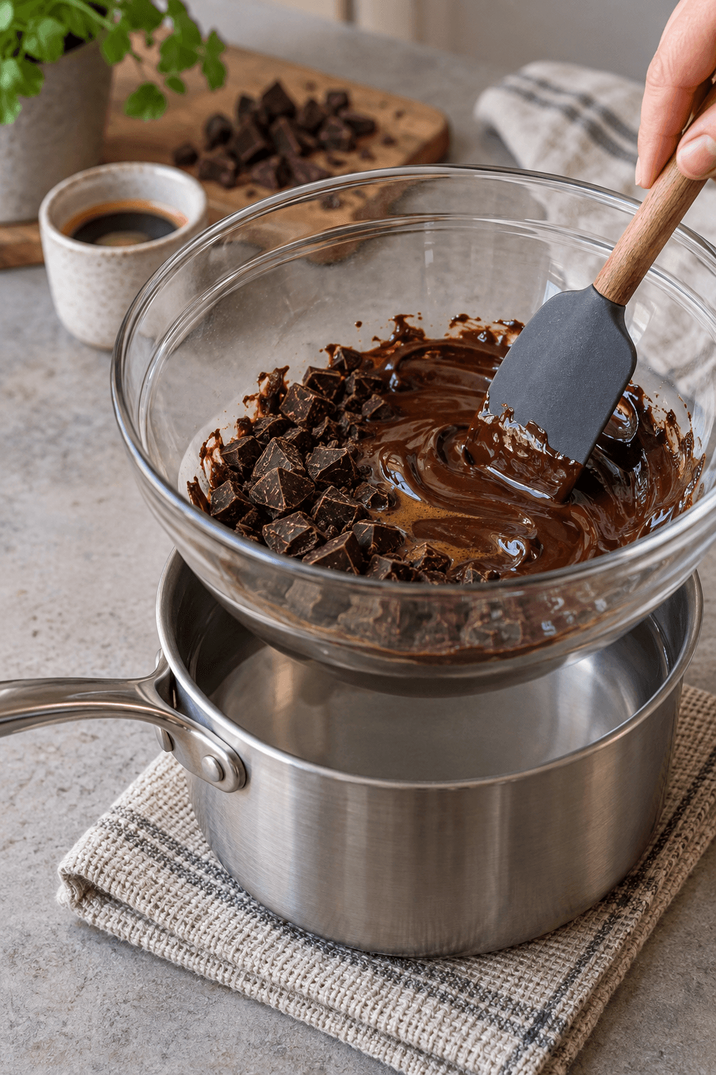 Mørk chokolade og espresso smeltes over helt roligt varmt vand