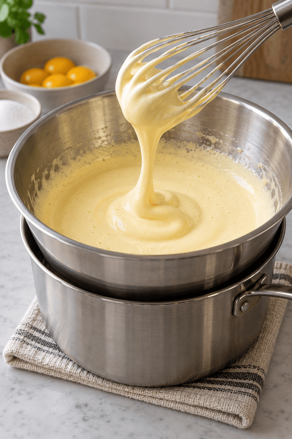 Pasteuriserede æggeblommer og sukker piskes til et lyst, tykt bånd