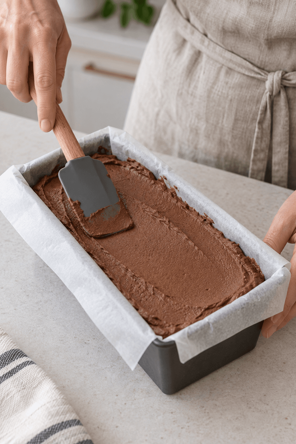 Chokoladeparfait glattes i en bagepapirsforet brødform før frysning