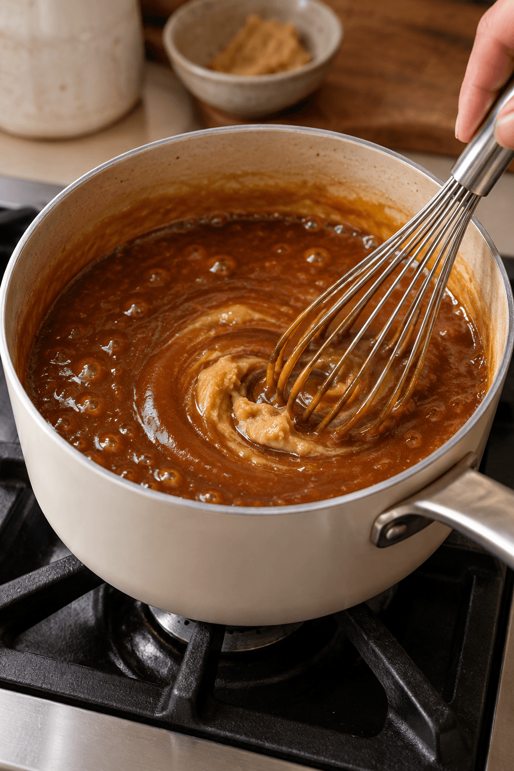 Hvid miso piskes i varm, blank muscovadokaramel