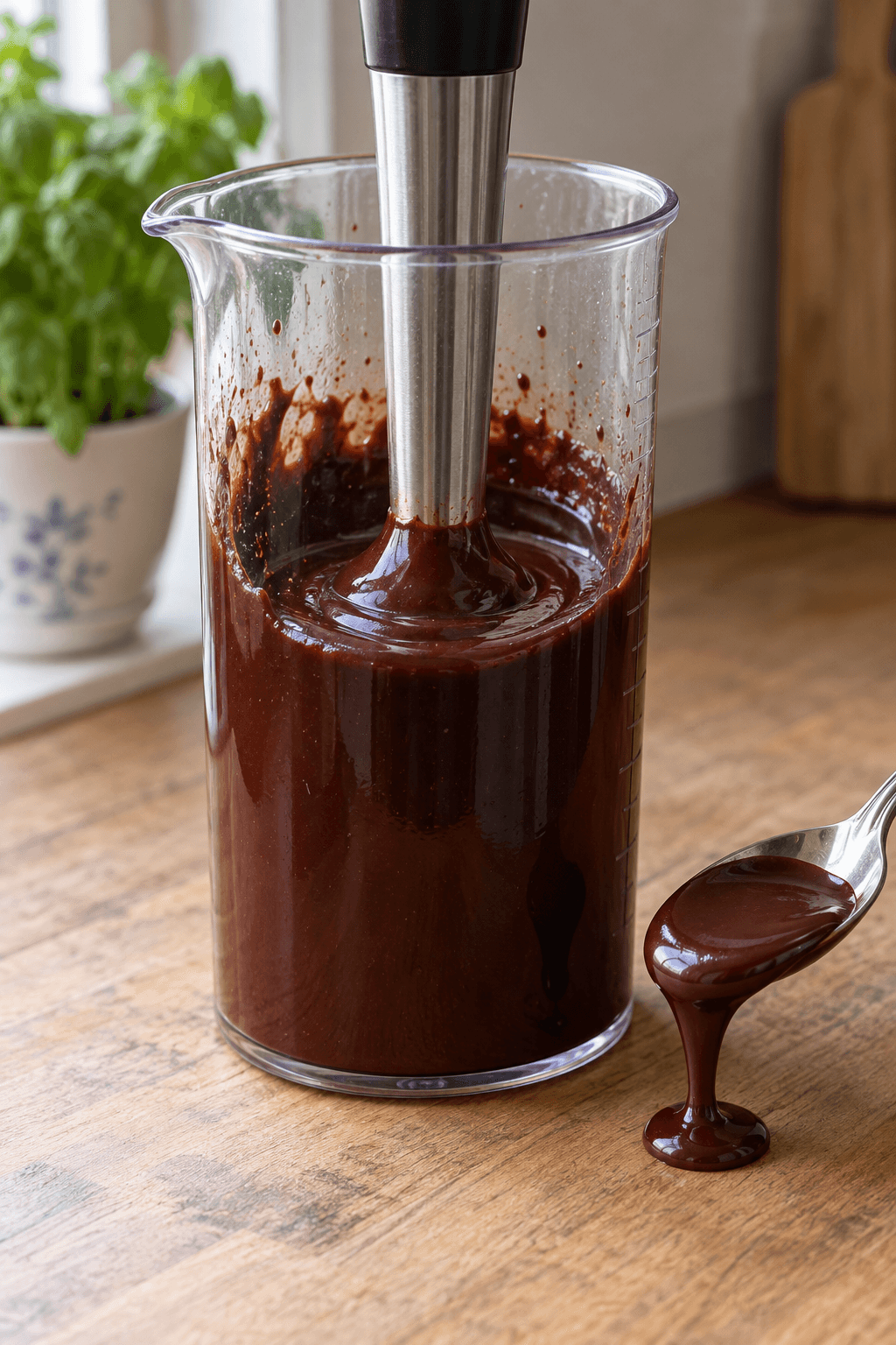 Blank mørk chokoladesauce emulgeres med én stavblender i én høj kande