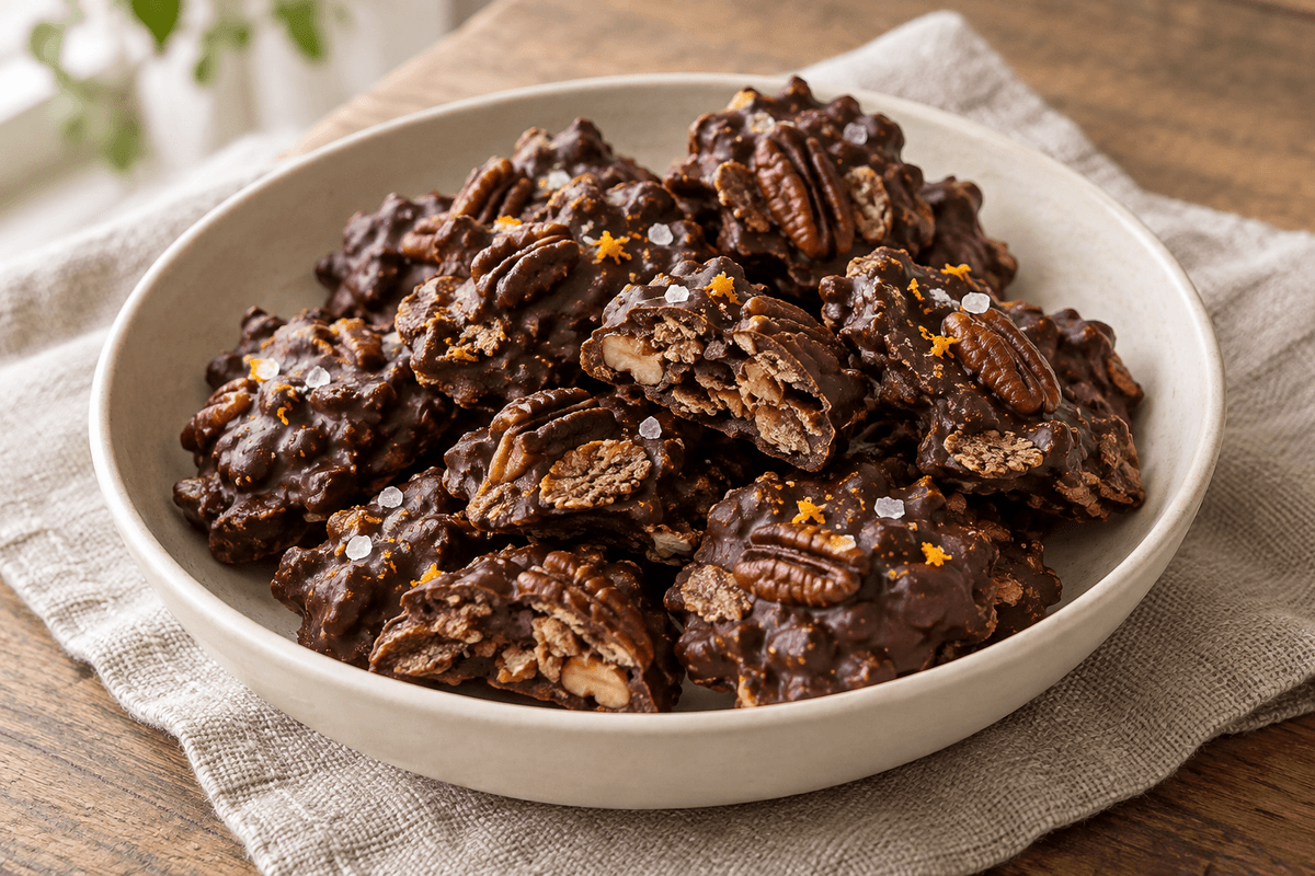 Mørke chokolade-pecanklynger med rugflager, appelsin, espresso og flagesalt