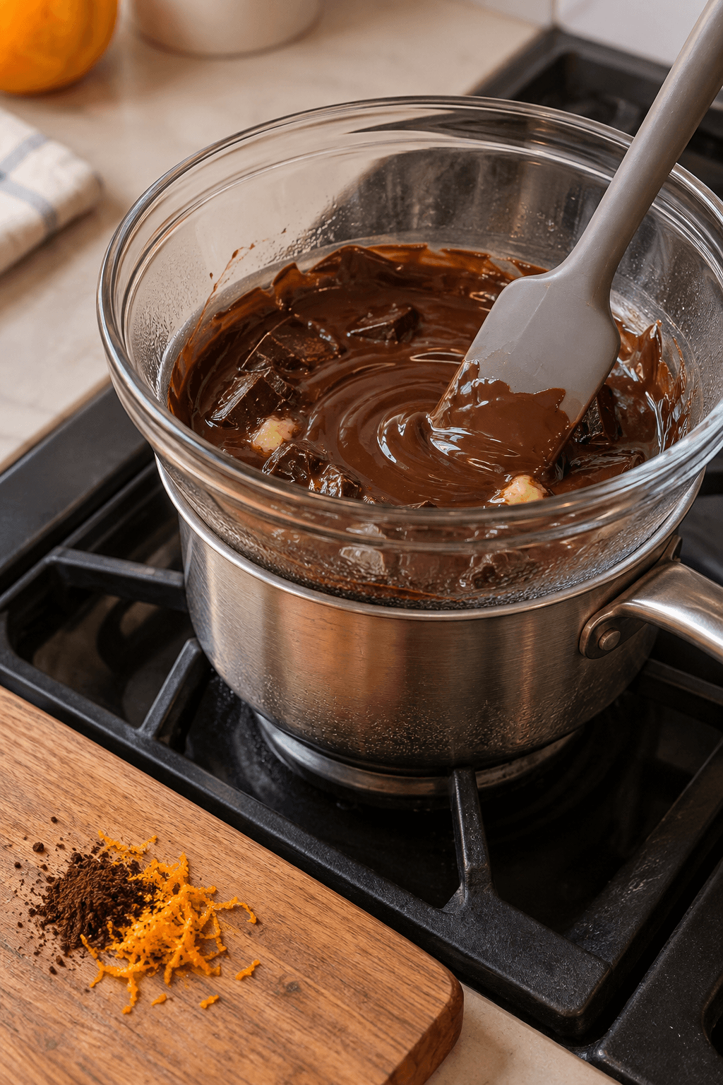 Mørk chokolade smeltes over ét vandbad med appelsin og espresso klar