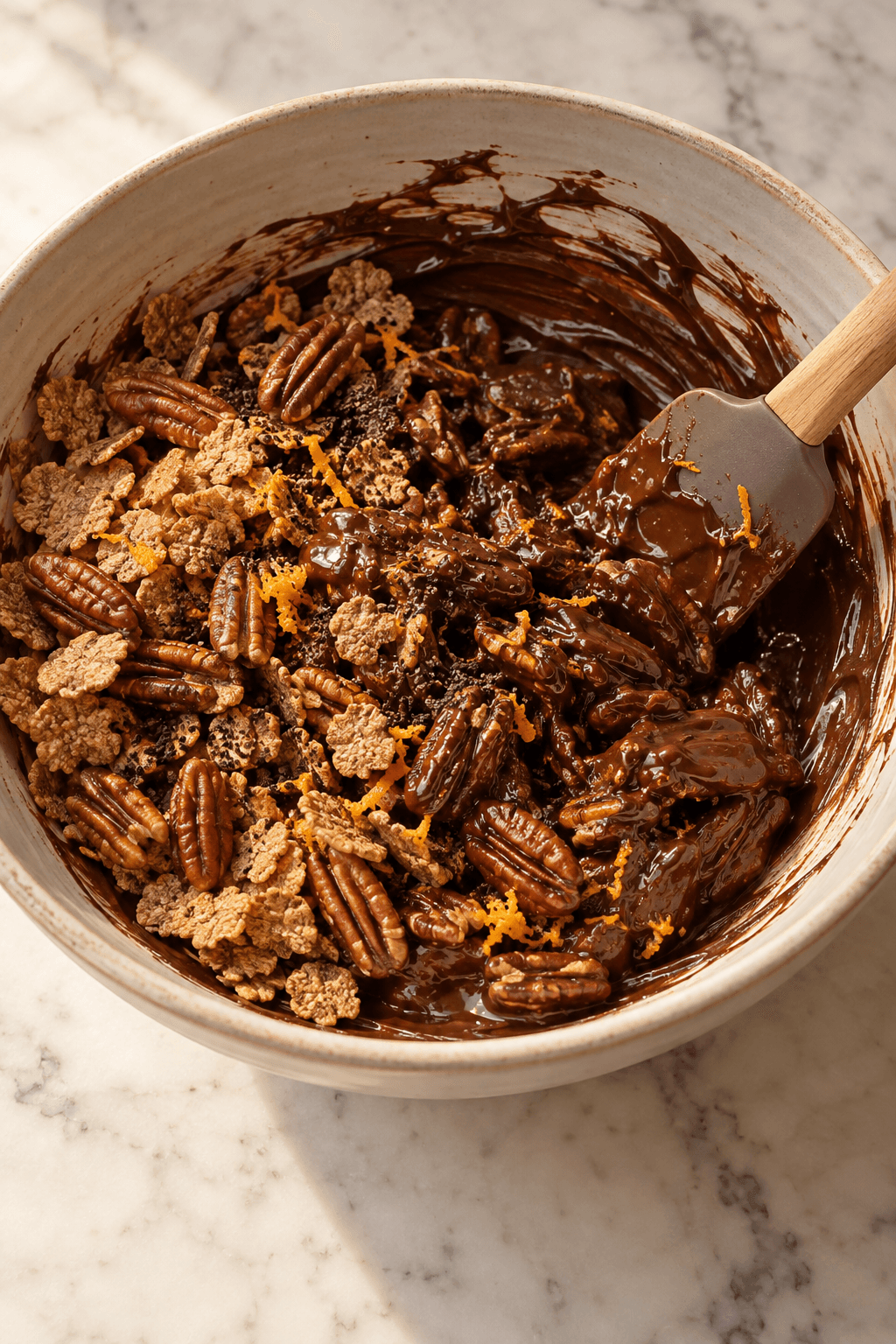 Ristede pekannødder og rugflager foldes i mørk chokolade i én skål