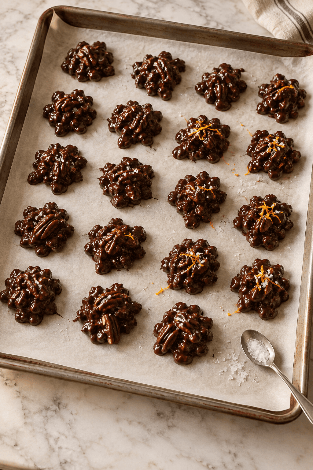Tyve blanke chokolade-pecanklynger sættes med appelsin og salt på én plade