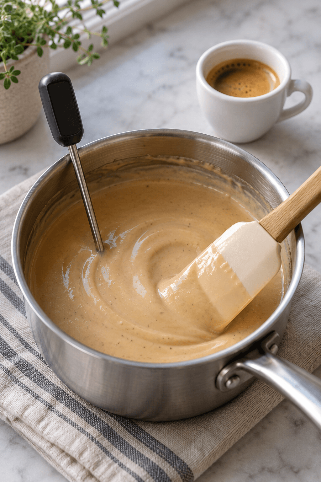 Kaffecreme i gryde med spatel, termometer og espresso