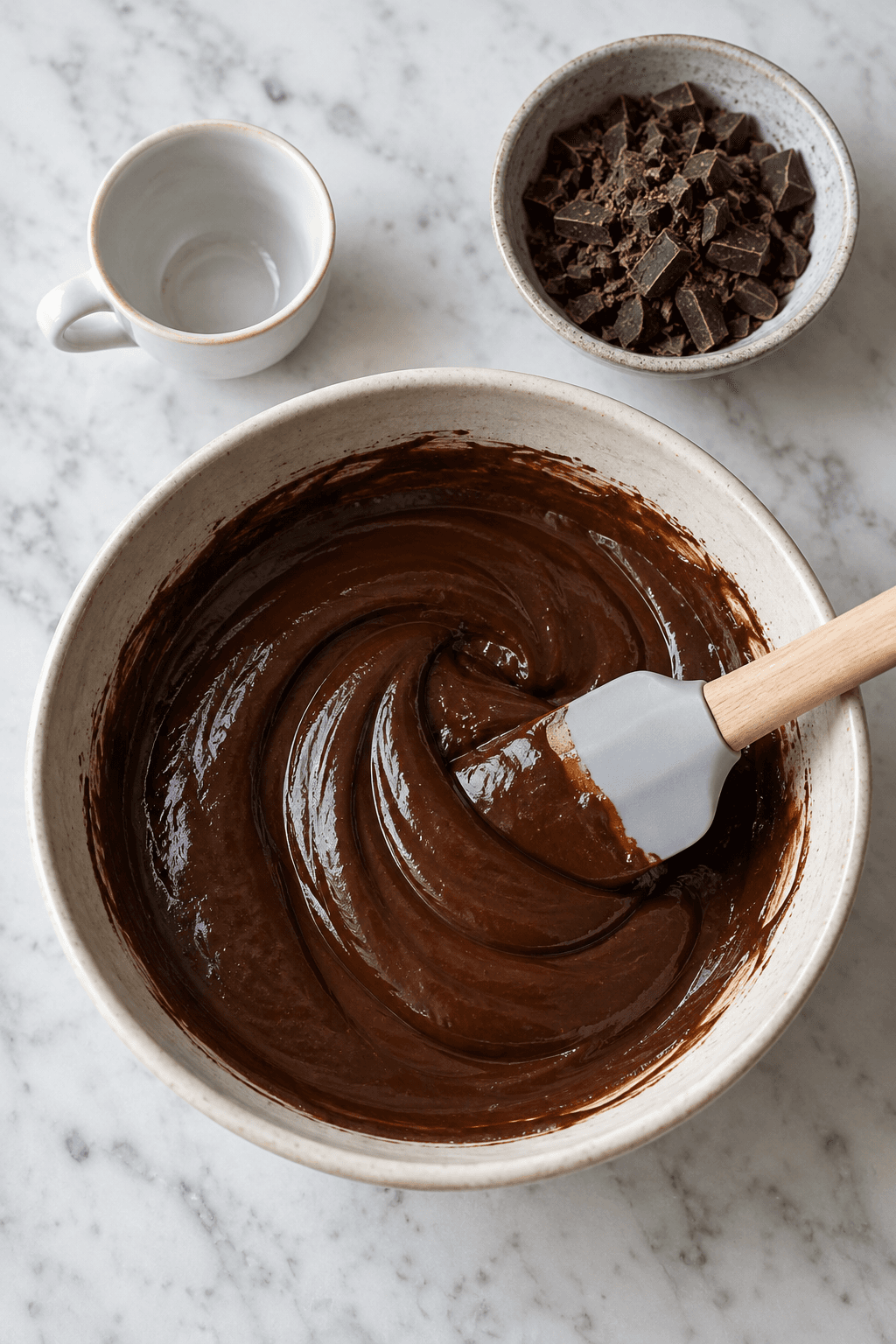 Blank chokolade-kaffecreme røres med spatel