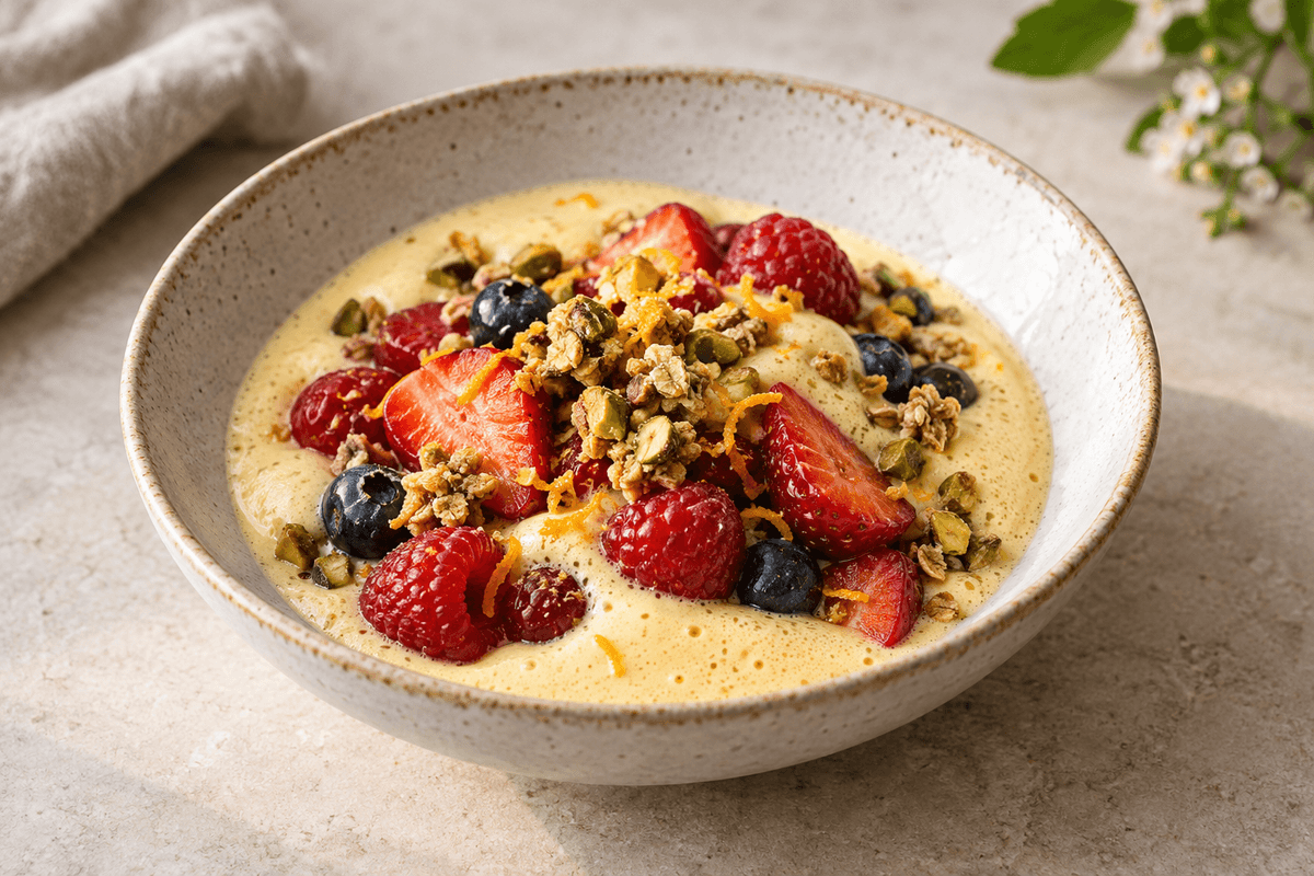 Muskat-zabaione med citrusbær og pistacie-havreknas