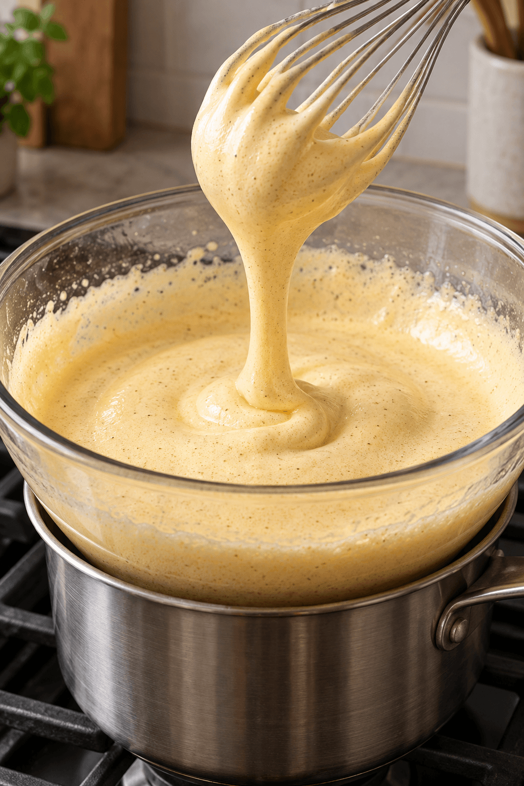 Luftig muskat-zabaione falder i et tykt bånd fra piskeriset