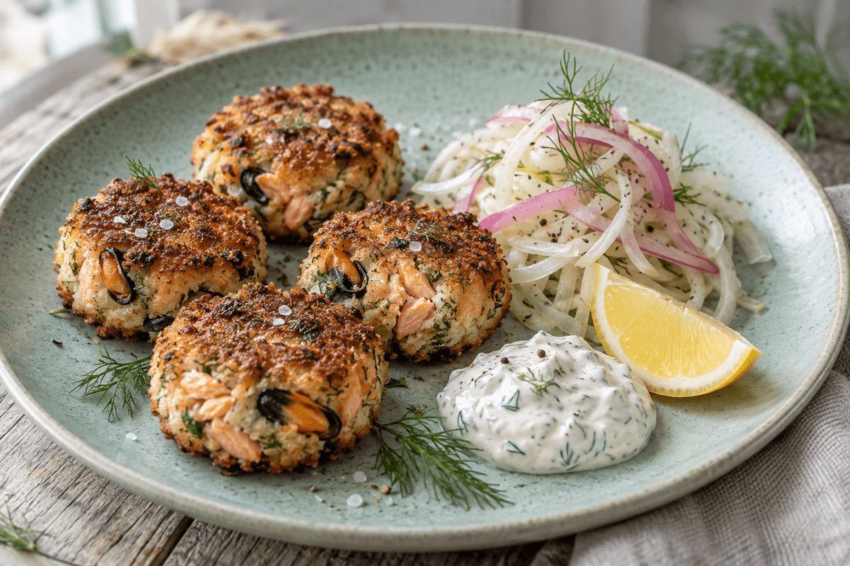 Fire muslinge-laksefrikadeller med rugkant, fennikelsalat og peberrodscreme