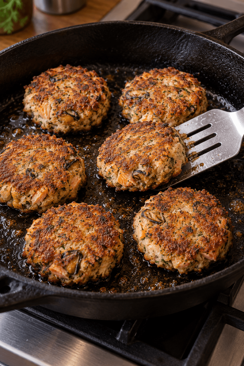 Seks muslinge-laksefrikadeller steges gyldne med sprød rugkant i én pande