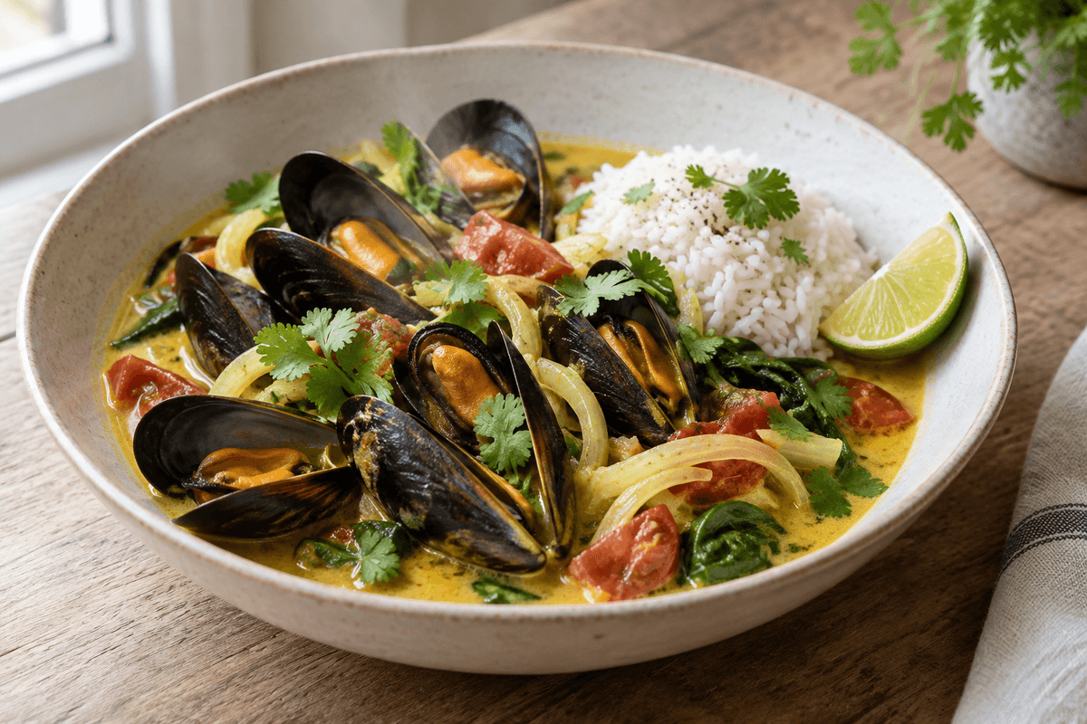 Muslinger i karry-kokosbouillon med fennikel, spinat, tomat, lime og jasminris