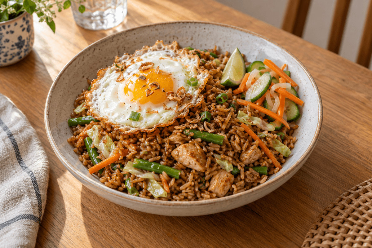 Nasi goreng med kylling, grøntsager, spejlæg og syltet agurk