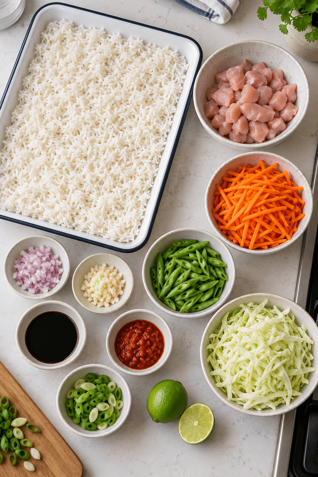 Kolde ris og klargjorte råvarer til nasi goreng