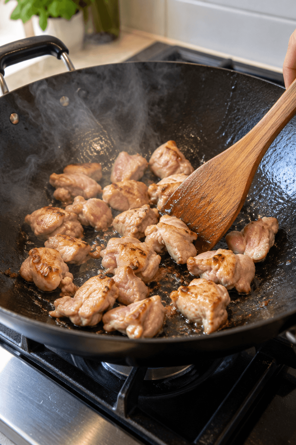 Kyllingelår brunes i varm wok til nasi goreng