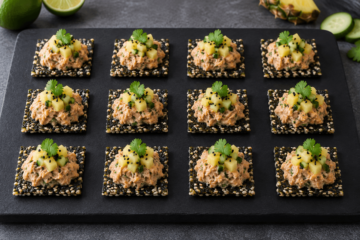 Tolv nori-sesamchips med miso-tun og ananas-agurkerelish på ét sort fad