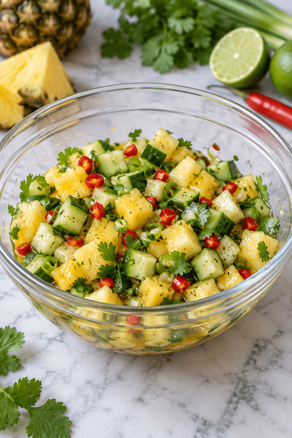 Små tern af ananas og agurk med chili, forårsløg og koriander i én glasskål