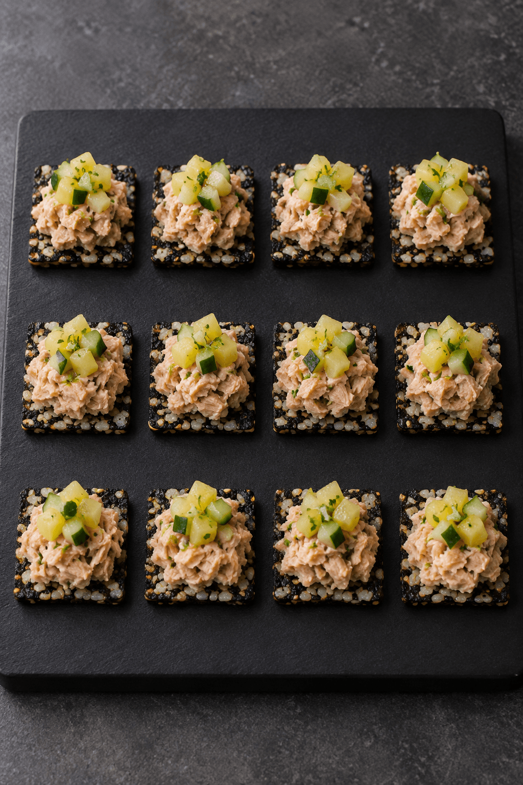 Tolv nori-rischips med flaget miso-tun og ananas-agurkerelish i tre rækker