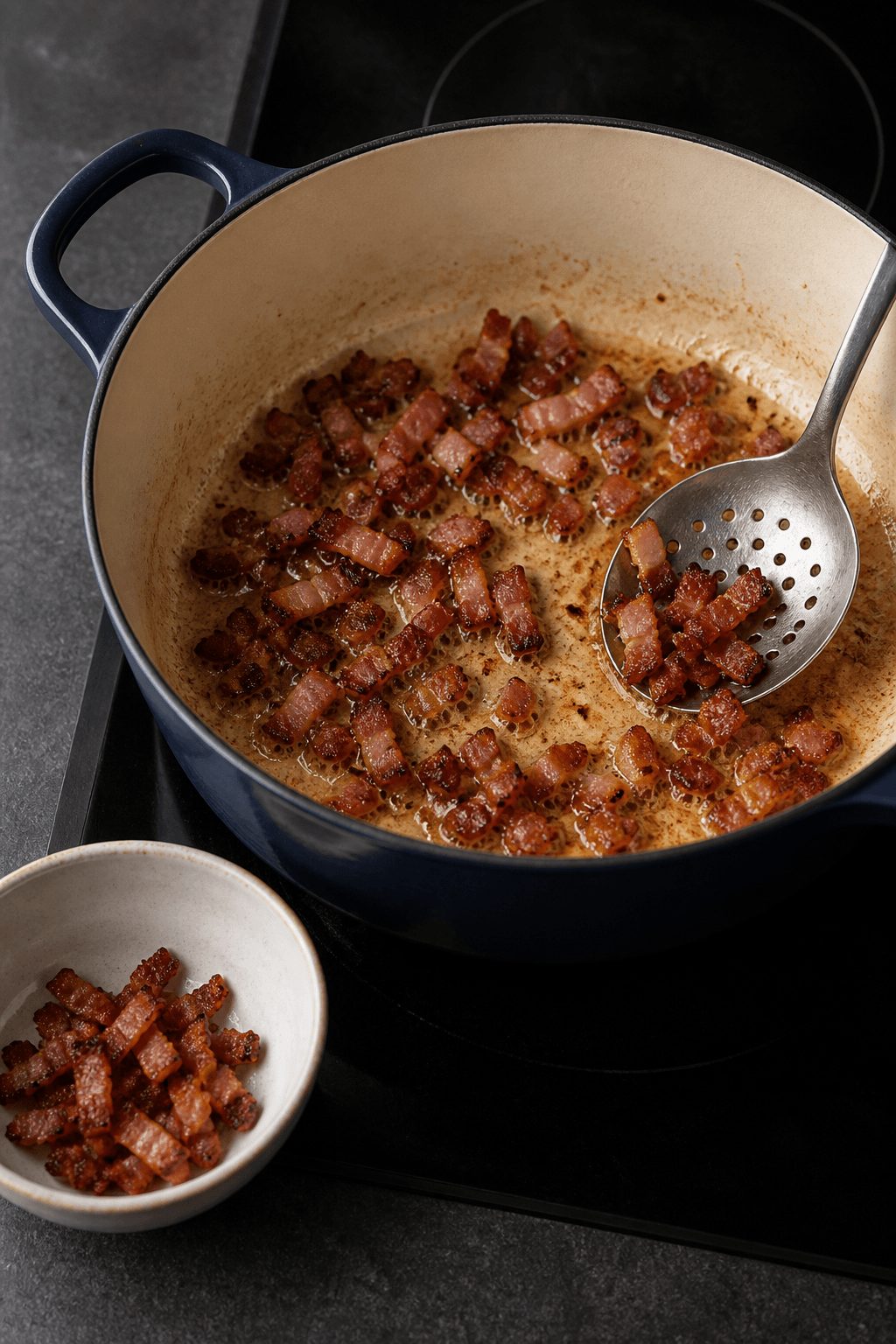 Sprøde bacontern steges i én bred gryde og løftes med hulske