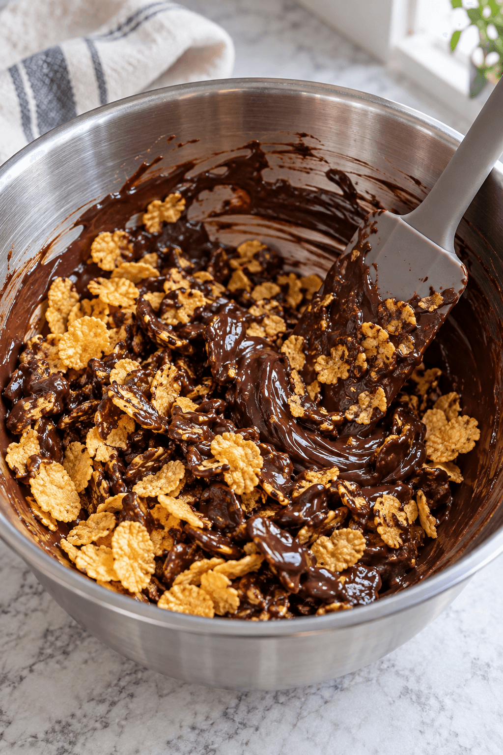 Let knuste cornflakes vendes i blank mørk chokolade