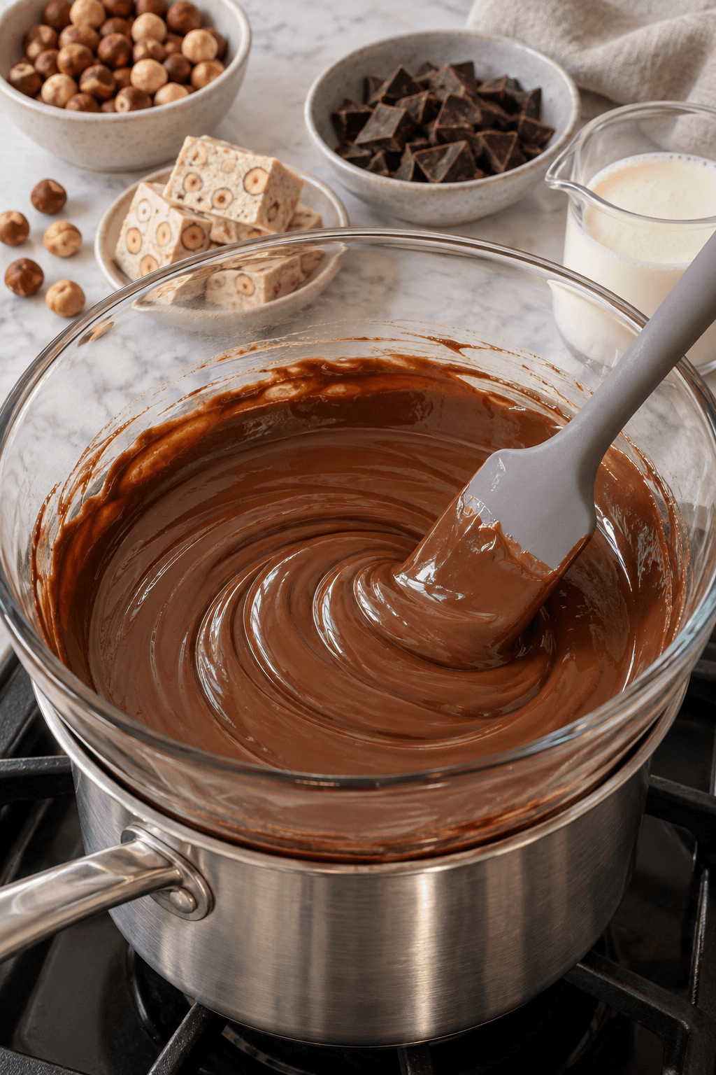 Hasselnøddenougat, mørk chokolade og fløde røres til glat ganache over vandbad