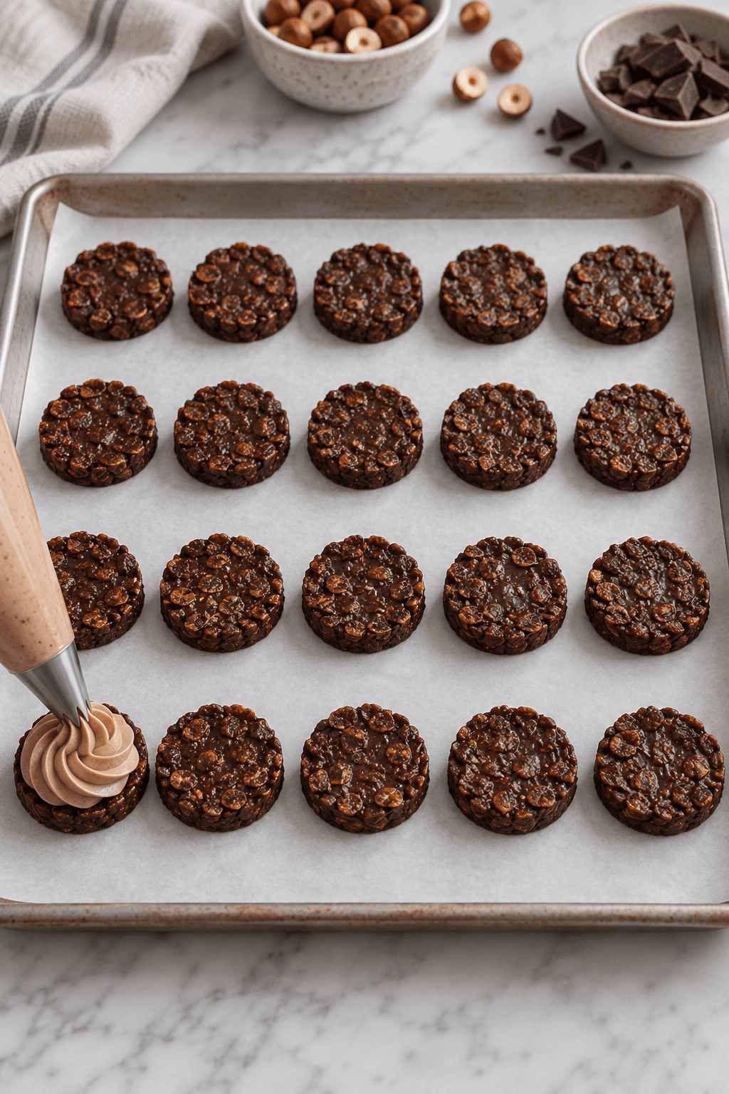 Nougatganache sprøjtes som rillet roset på tyve kolde chokolade-cornflakesbunde