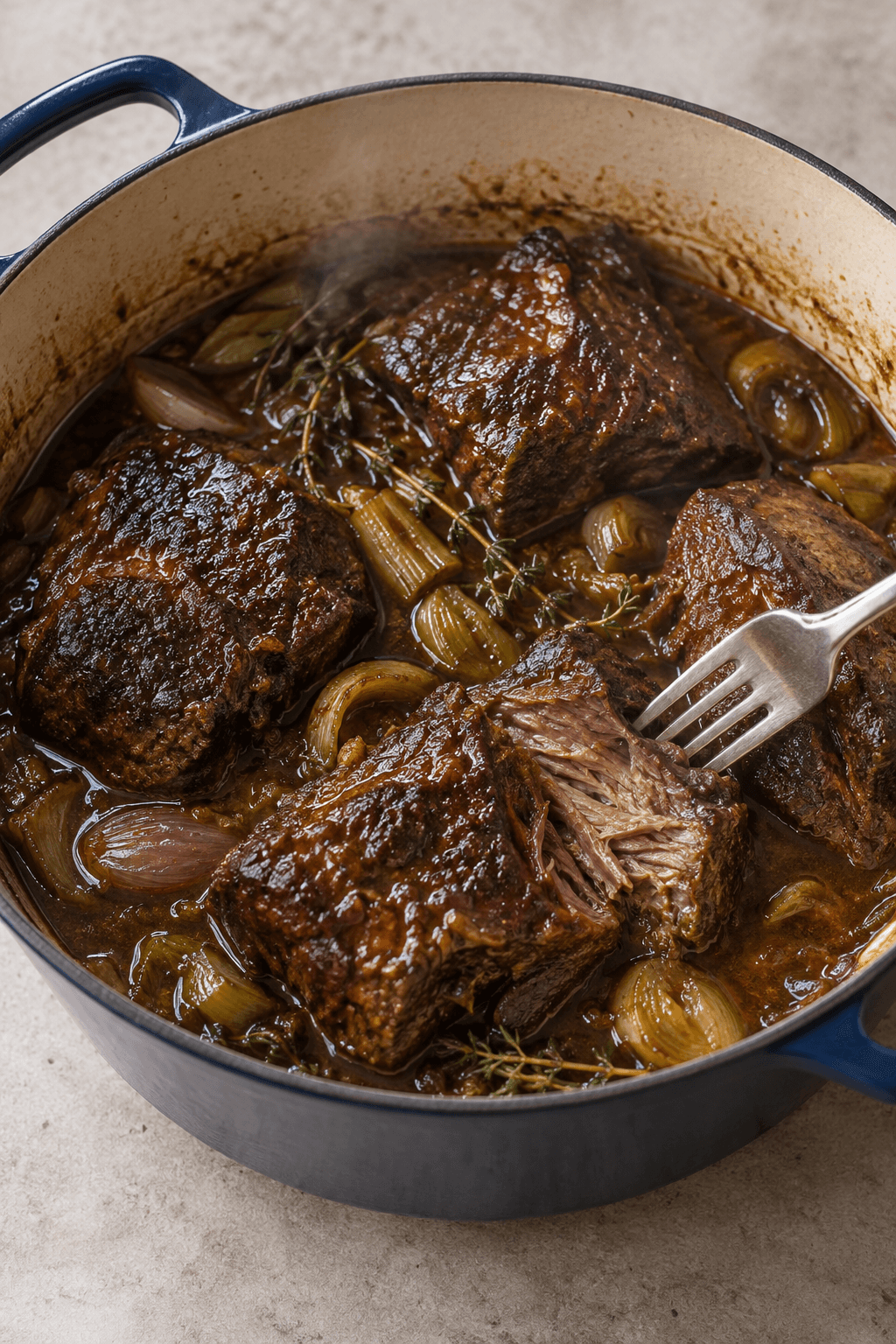 Mør ølbraiseret oksebov i blank maltsauce deles let i kanten med en gaffel