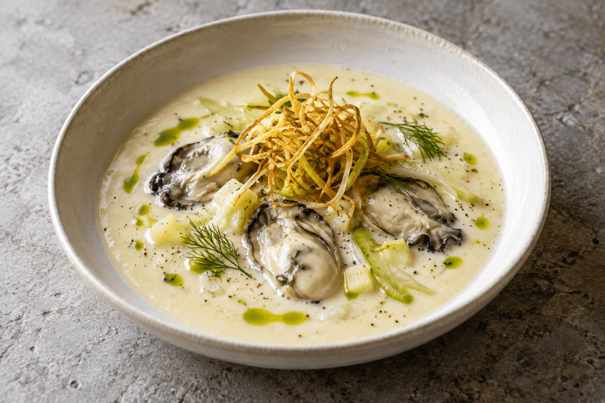 En portion cremet østerssuppe med fennikel, æble og sprød porre