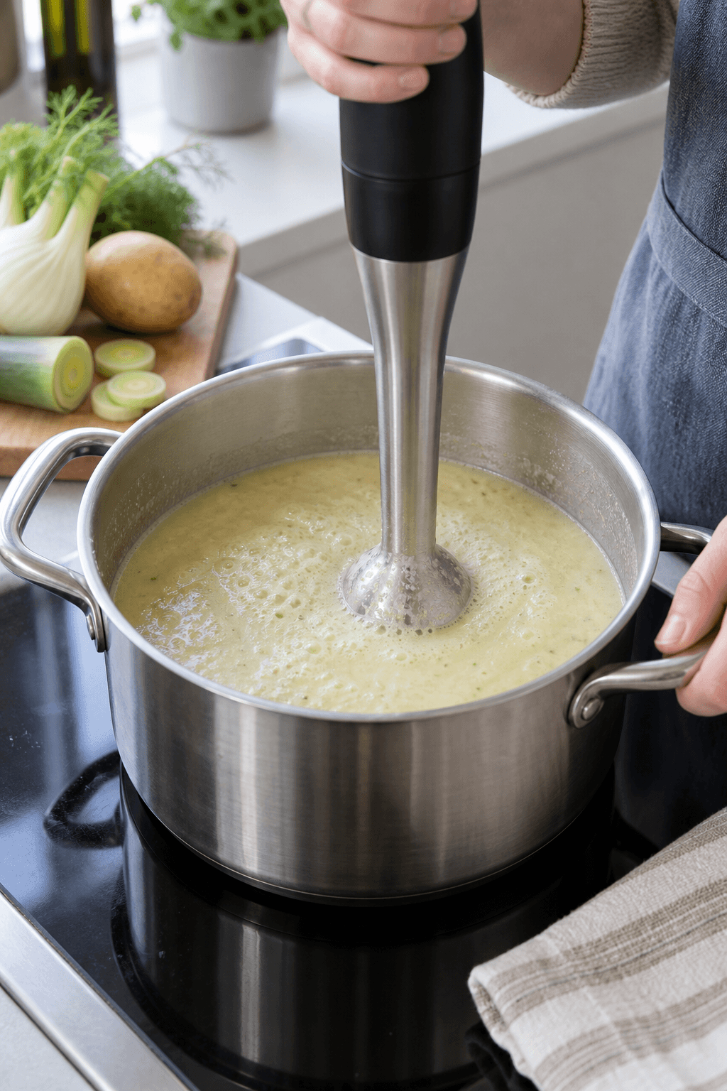Den kogte fennikel- og kartoffelsuppe blendes glat i gryden