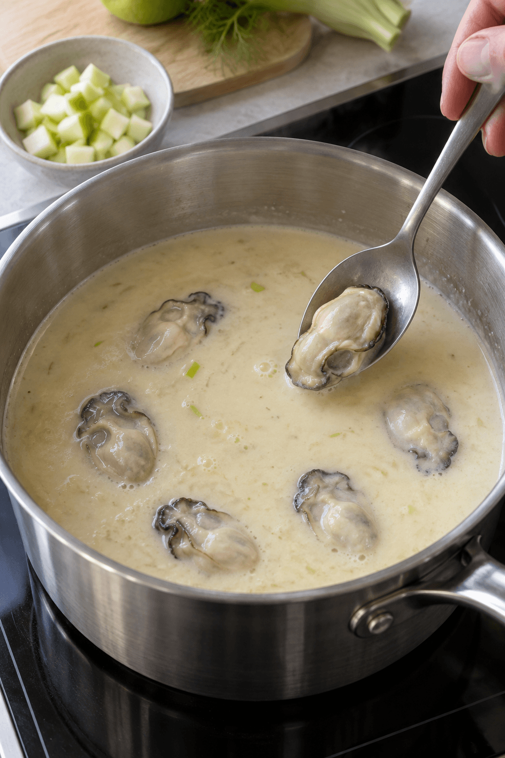 Seks østerser pocheres kort i varm, cremet suppe