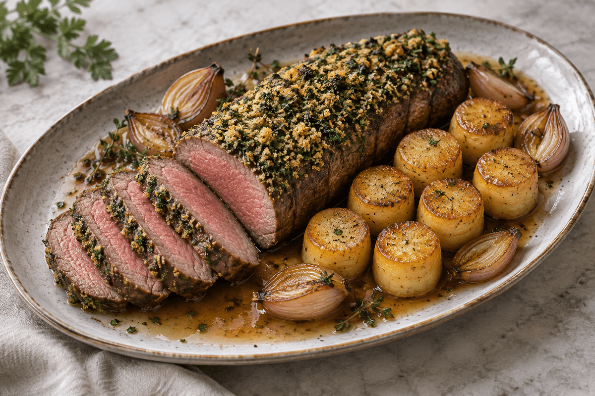 Rosastegt oksefilet med peberrod-urtekrumme, otte fondantkartofler og skalotteløgssky