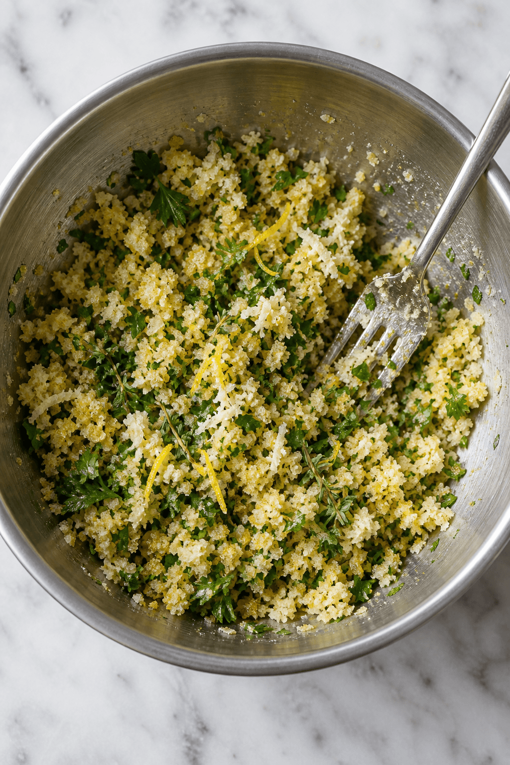 Grov panko-urtekrumme med persille, peberrod, timian og citron i stålskål