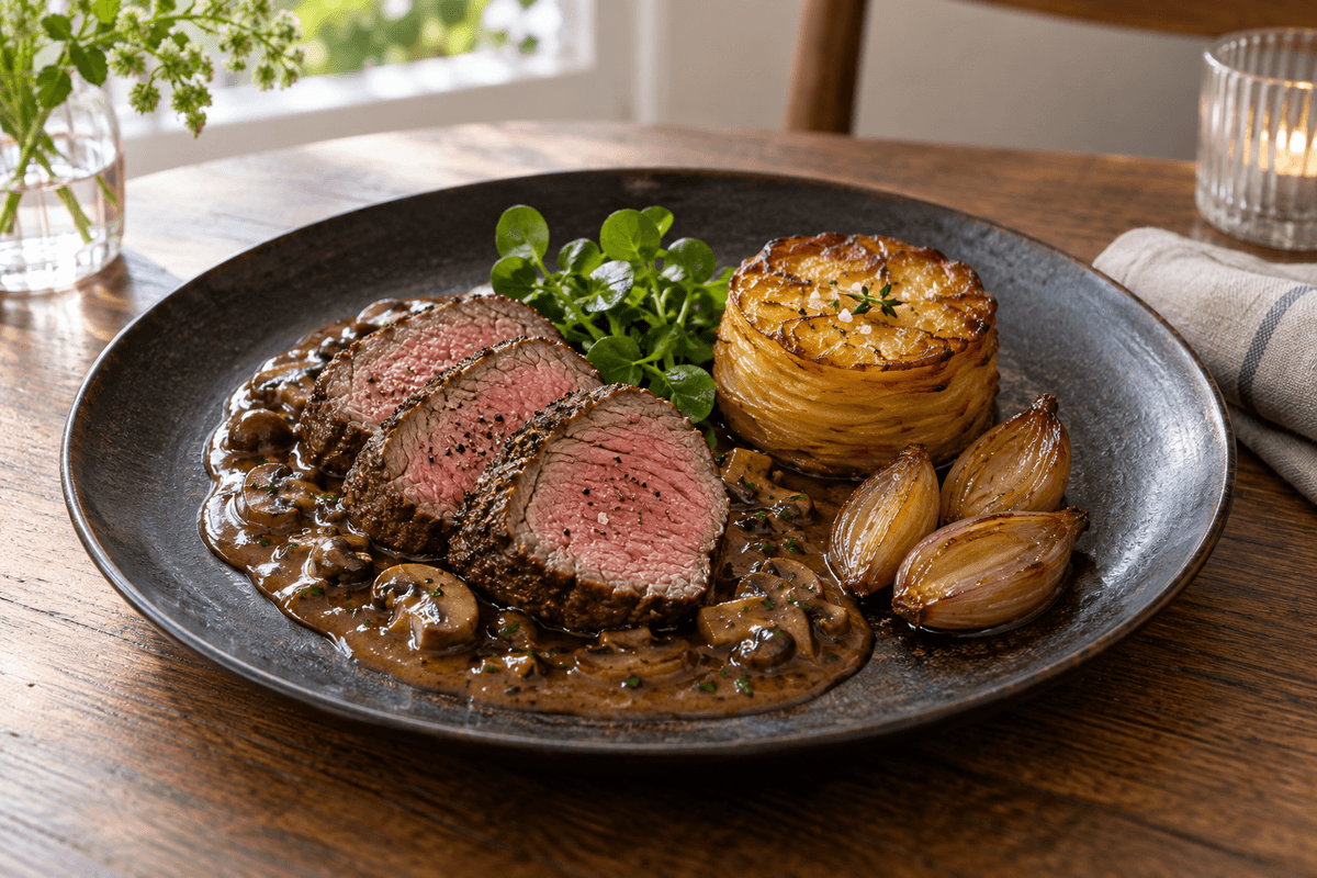 Rosastegt oksefilet med svampe-Madeirasauce, pommes Anna og glaserede skalotteløg