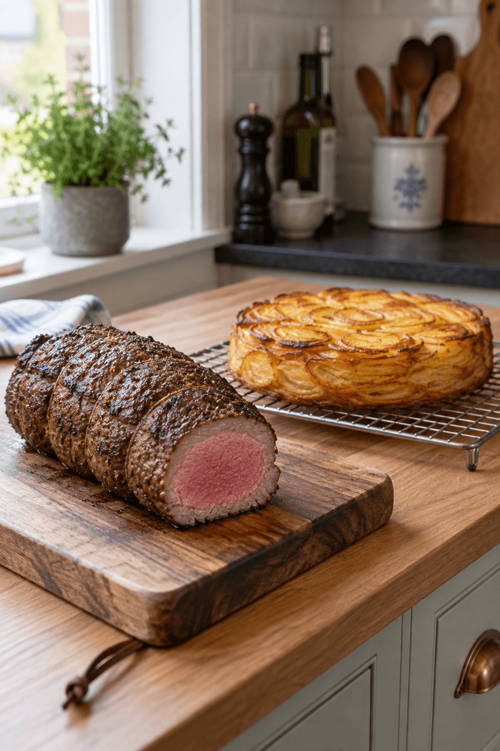 Hvilet rosa oksefilet og hel gylden pommes Anna før servering