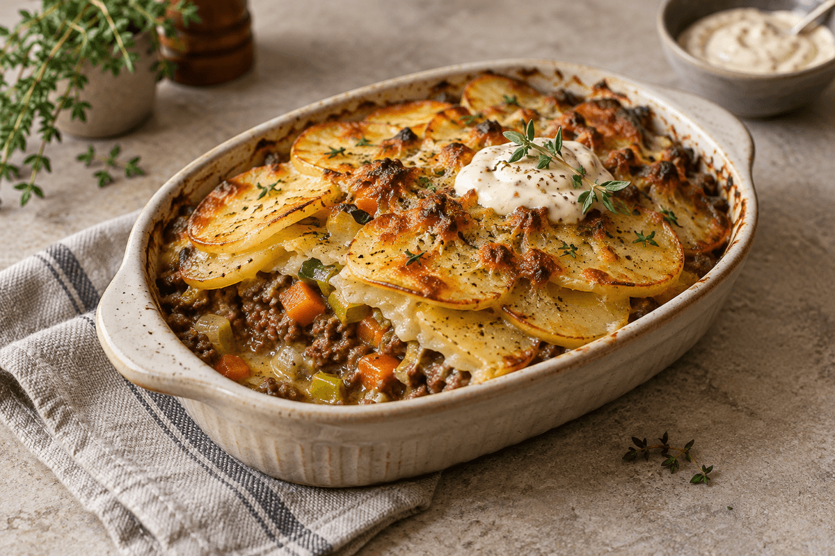 Oksekøds- og kartoffelfad med porre, timian og sennepscreme