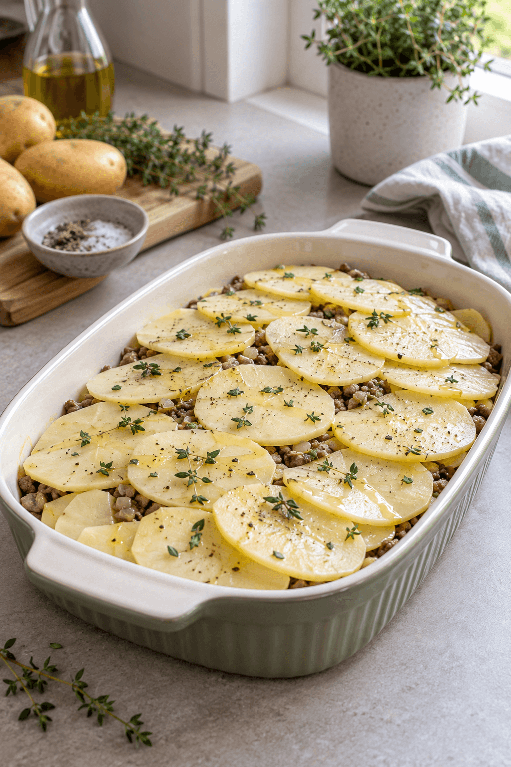 Ubagt oksekøds- og kartoffelfad med lyse kartoffelskiver og timian