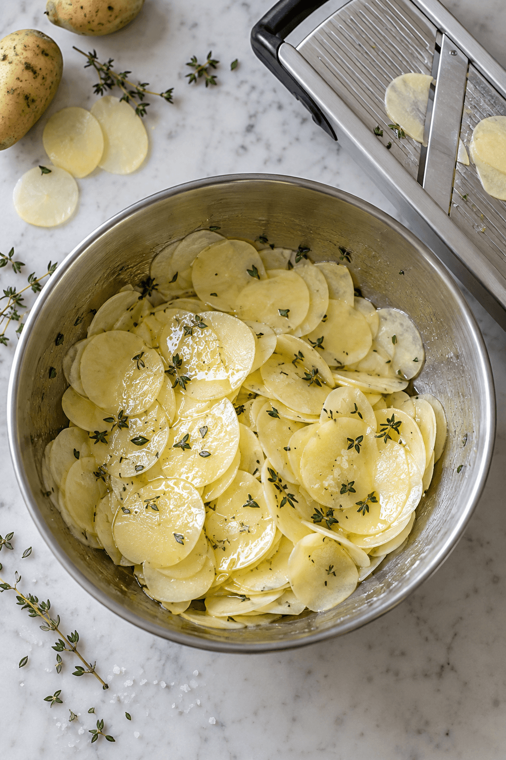 Papirtynde kartoffelskiver vendt med smør og timian ved siden af mandolin