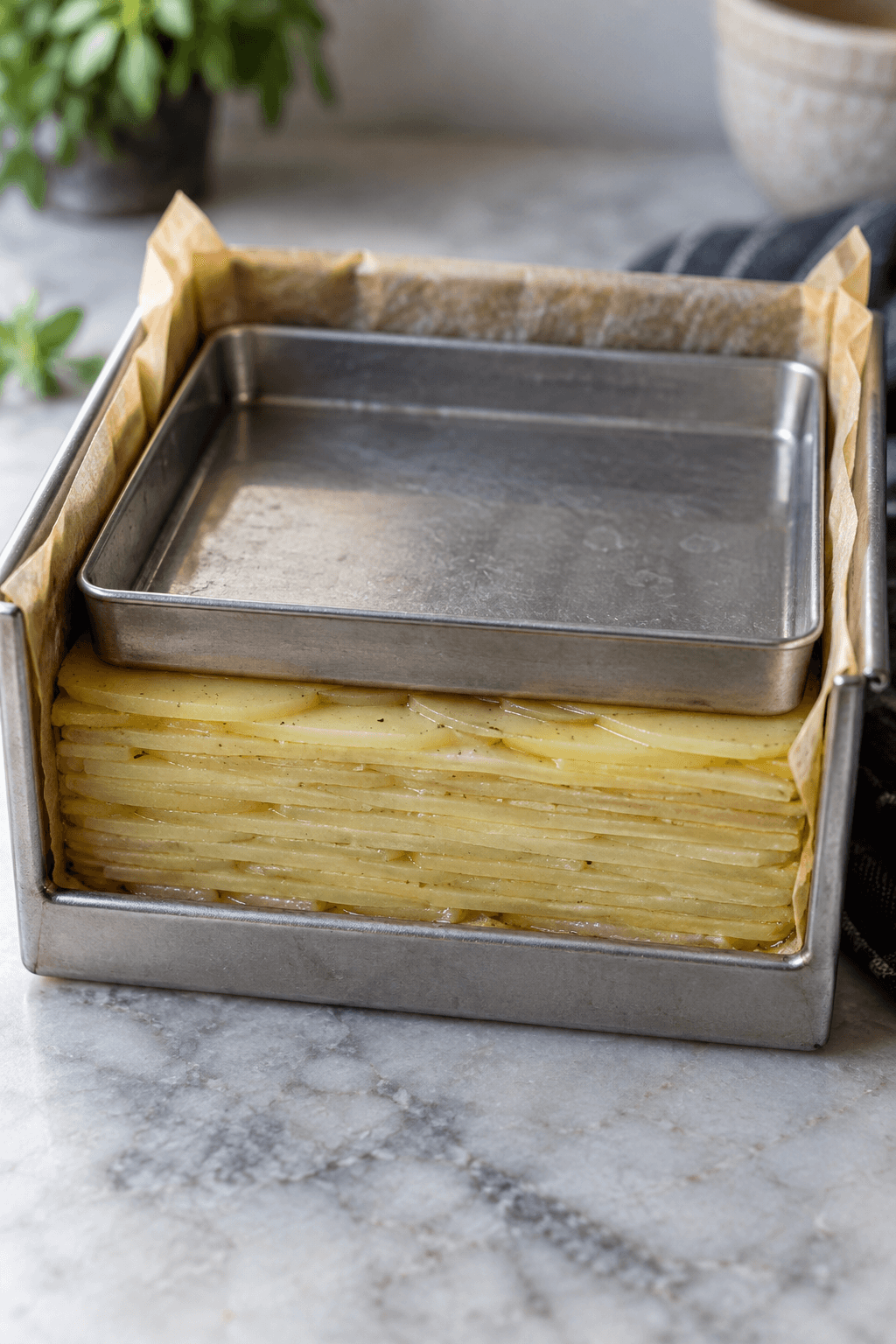 Tæt lagdelt kartoffelterrine køler under jævnt metalpres