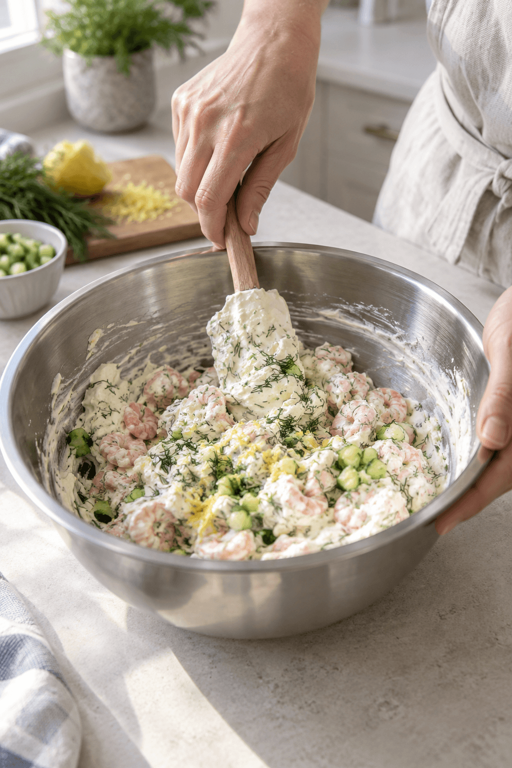 Kogte rejer, dild, citron og agurk foldes i den kolde creme