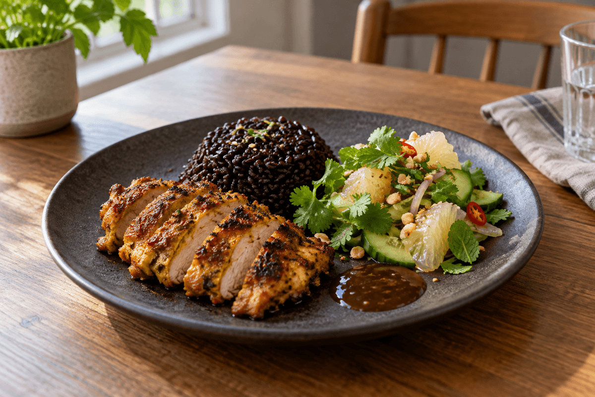 Galanga-kylling med sort ris, pomelo-agurkesalat og tamarindsauce på én tallerken