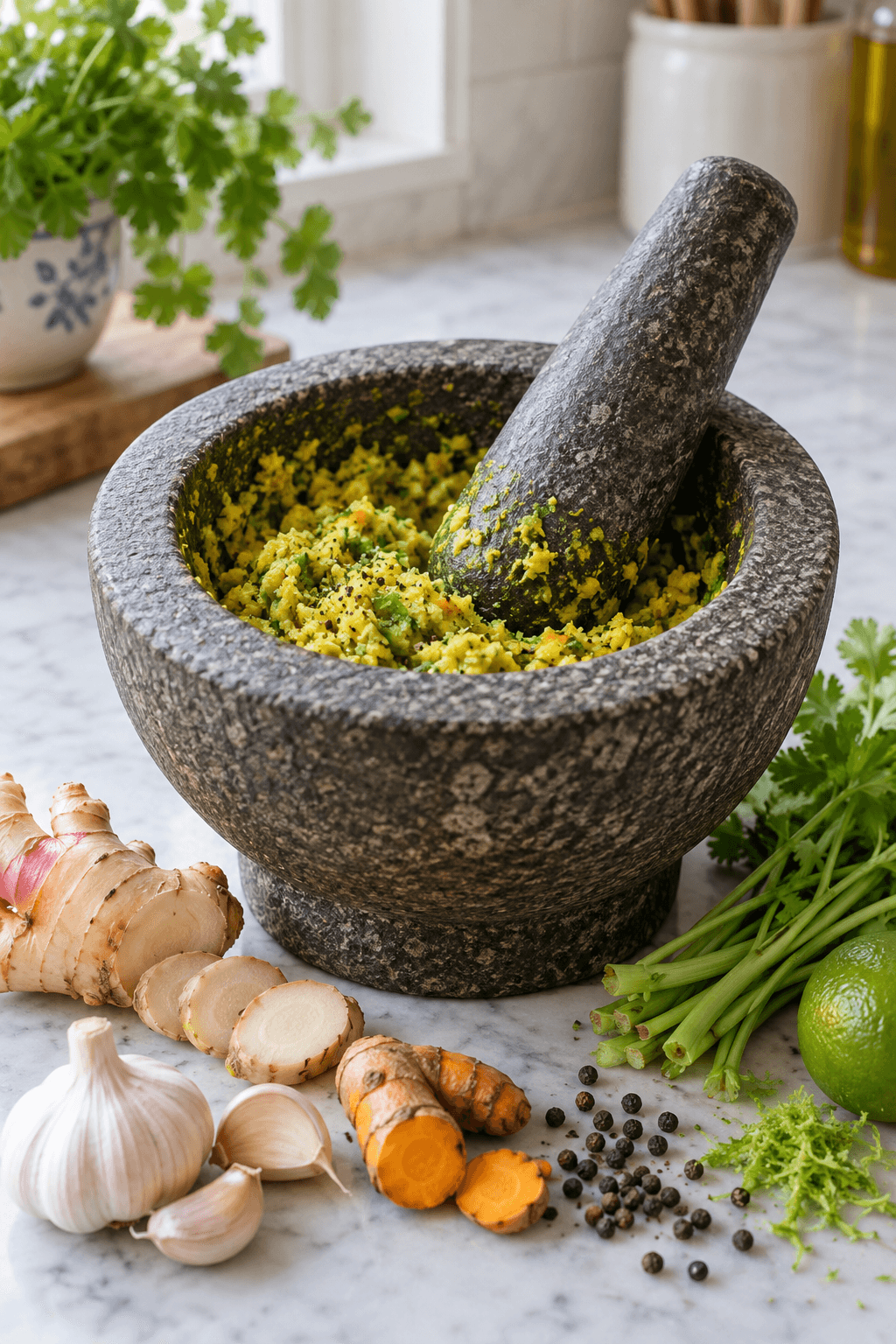 Grov gulgrøn galanga-limepasta i én stenmorter