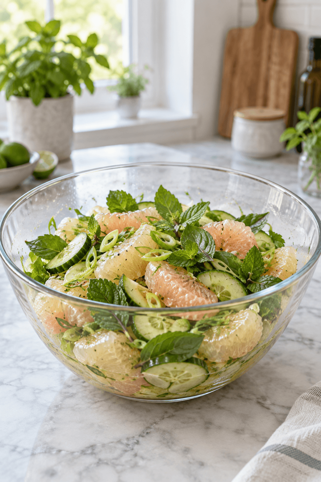 Pomelo, agurk, forårsløg, mynte og thaibasilikum i én glasskål
