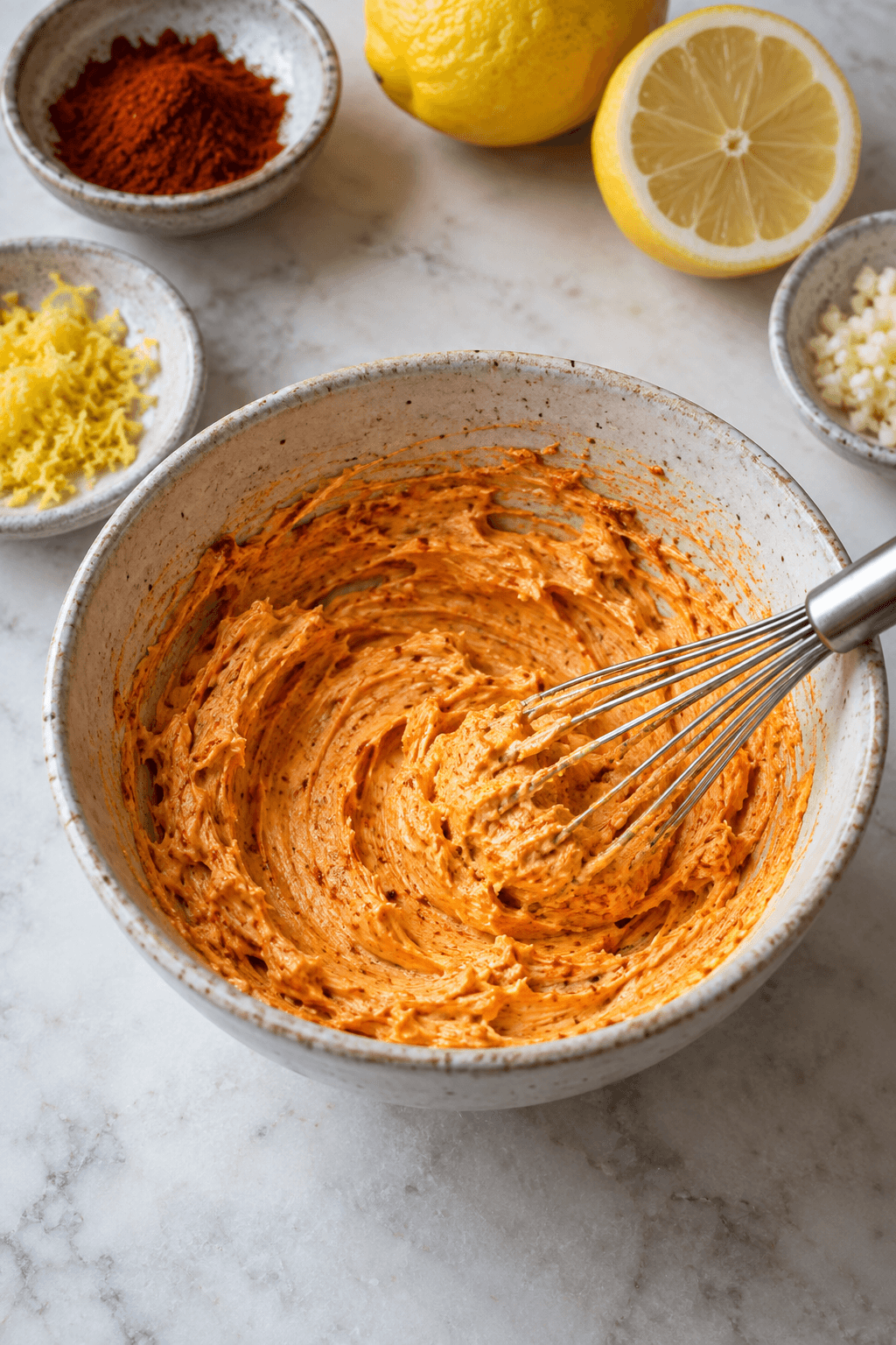 Blødt smør røres med røget paprika, citron og hvidløg