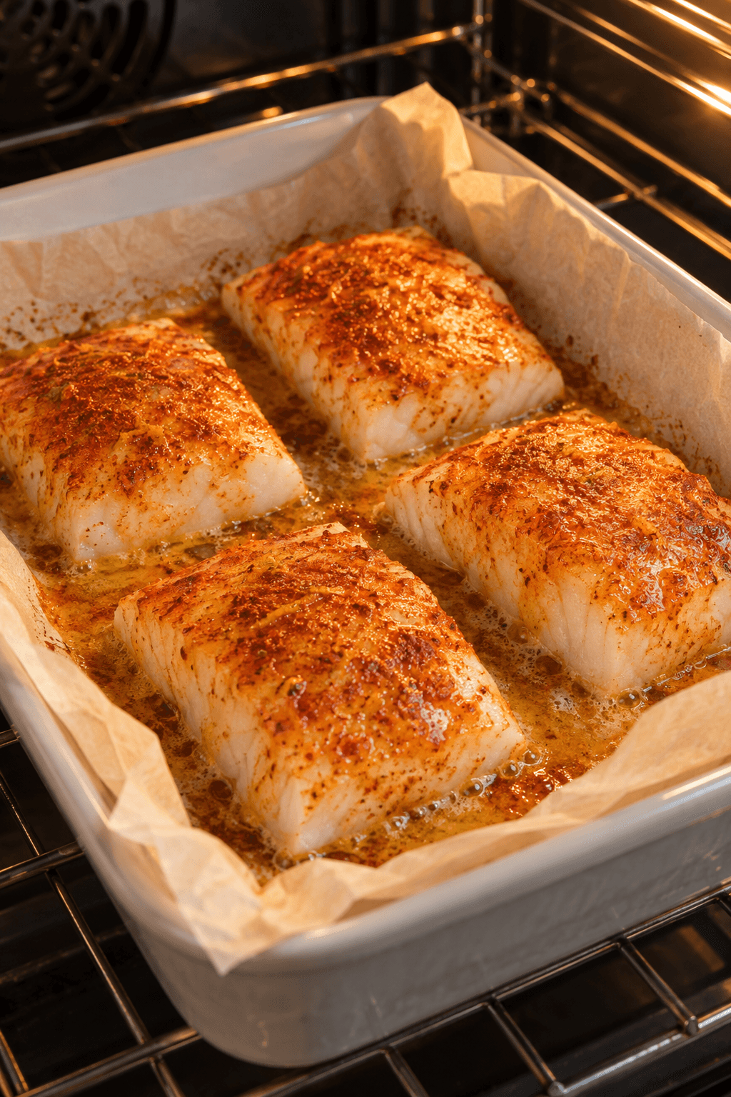 Fire helleflynderfileter bages med røget paprika-citronsmør